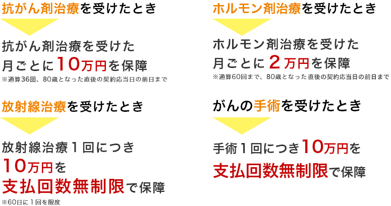 [抗がん剤治療を受けたとき]抗がん剤治療を受けた月ごとに10万円を保障※通算36回、80歳となった直後の契約応当日の前日まで[ホルモン剤治療を受けたとき]ホルモン剤治療を受けた月ごとに2万円を保障※通算60回まで、80歳となった直後の契約応当日の前日まで[放射線治療を受けたとき]放射線治療1回につき10万円を支払回数無制限で保障[がんの手術を受けたとき]手術1回につき10万円を支払回数無制限で保障