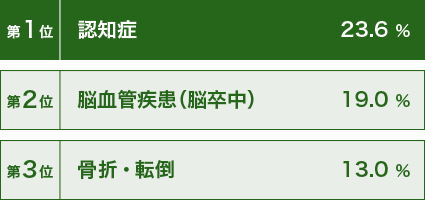 第1位認知症23.6%、第2位脳血管疾患(脳卒中)19.0%、第3位骨折・転倒13.0%