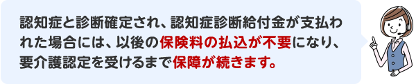 認知症と診断確定され、認知症診断給付金が支払われた場合には、以後の保険料の払込が不要になり、要介護認定を受けるまで保障が続きます。