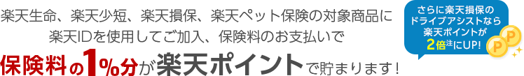 楽天生命、楽天少短、楽天損保、楽天ペット保険の対象商品に楽天IDを使用してご加入、保険料のお支払いで保険料の1％分が楽天ポイントで貯まります。