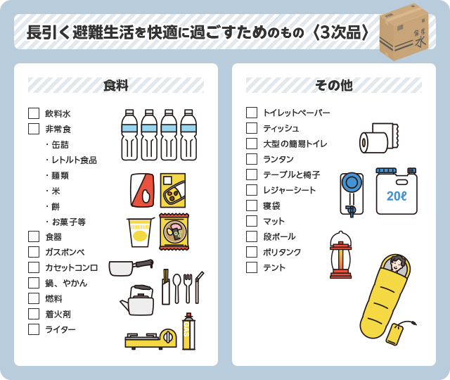 【防災グッズ】長引く避難生活を快適に過ごすためのもの（3次品）