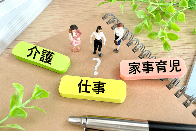 介護、仕事、家事育児のプレートとその間で迷う女性のミニチュア