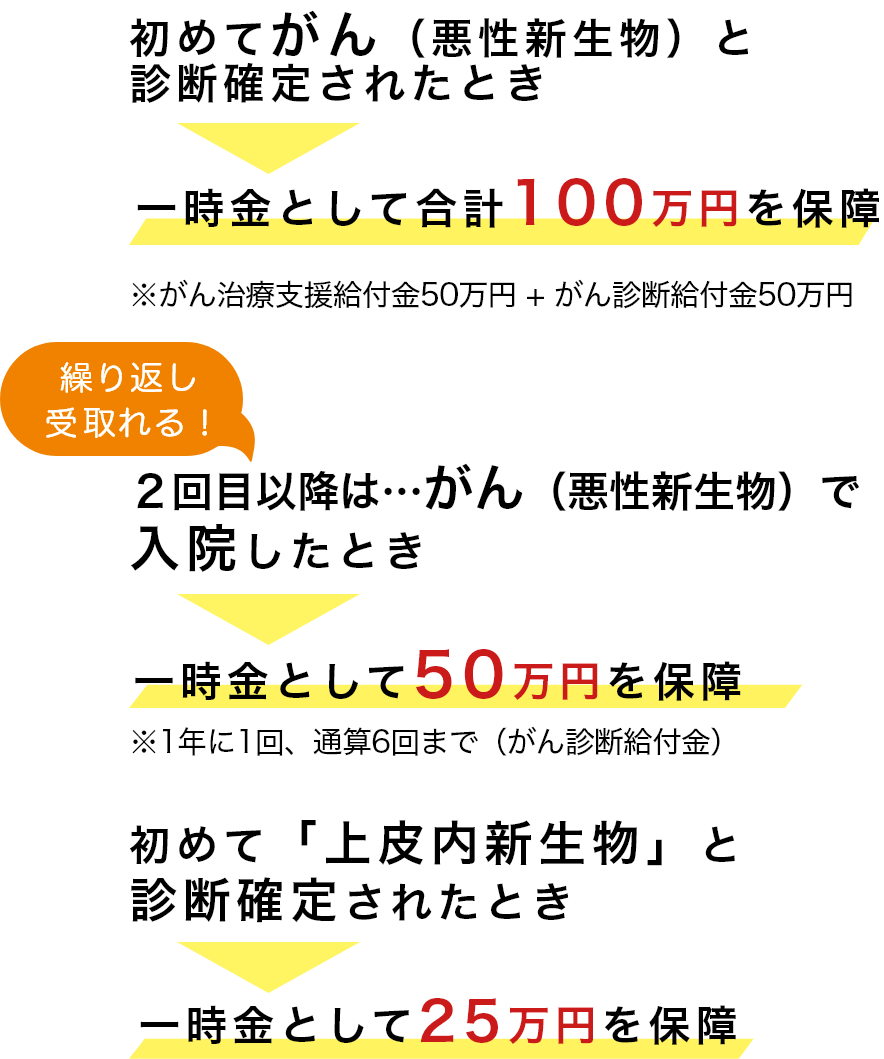 [初めてがん（悪性新生物）と診断確定されたとき]一時金として合計100万円を保障[＜繰り返し受取れる！＞2回目以降は…がん（悪性新生物）で入院したとき]一時金として50万円を保障※1年に1回、通算6回まで（がん診断給付金）[初めて「上皮内新生物」と診断確定されたとき]一時金として25万円を保障